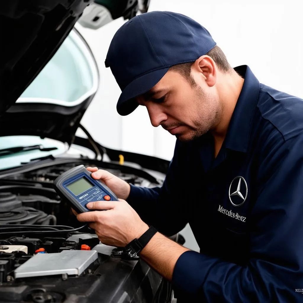 Mercedes-Benz mechanic using a diagnostic tool